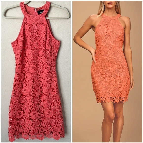 Lulu’s Love Poem Coral Pink Crochet Floral Lace Mini Dress Spring Summer - Picture 1 of 11